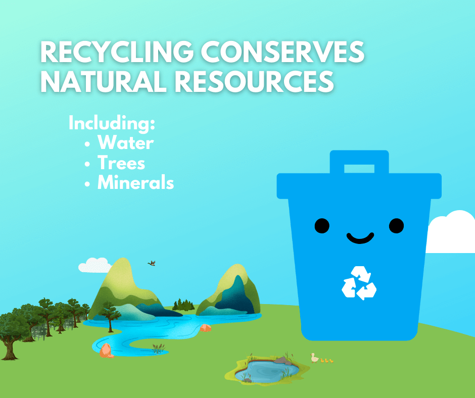 A cute giant cartoon recycling bin over looking a mountain stream next to a lush forest