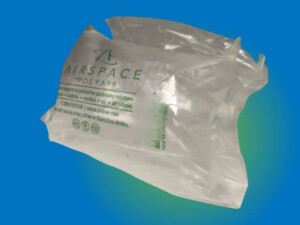 A plastic air pillow made of thin plastic film.