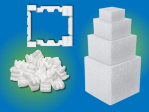 A stack of rigid foam blocks, a pile of foam packing peanuts, and a rectangular styrofoam insert.