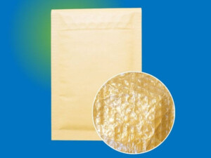 A paper envelope lined with plastic bubble wrap and an overlay showing a magnified view of the lining.