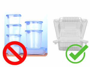 Food storage containers are products, so they are not recyclable.
Clamshell plastic containers are packages, so they are recyclable.